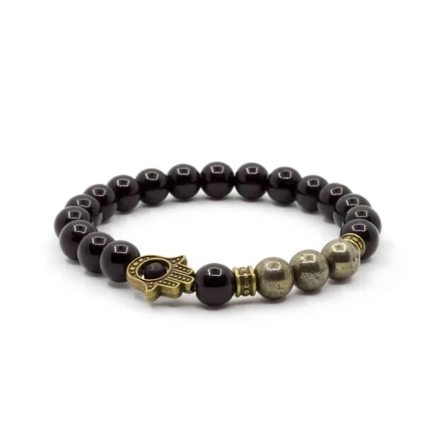 I am protected and abundant - Pyritt og onyx krystall armbånd m/hamsa
