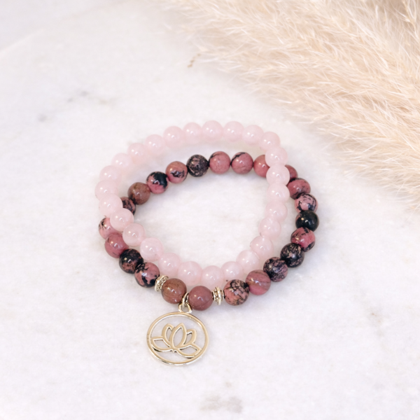 Love krystall armbåndsett m/rosenkvarts og rhodonitt