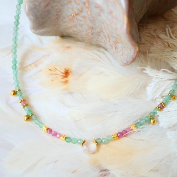 Green Heart – krystall halskjede med aventurin, rosa topas & rosenkvarts